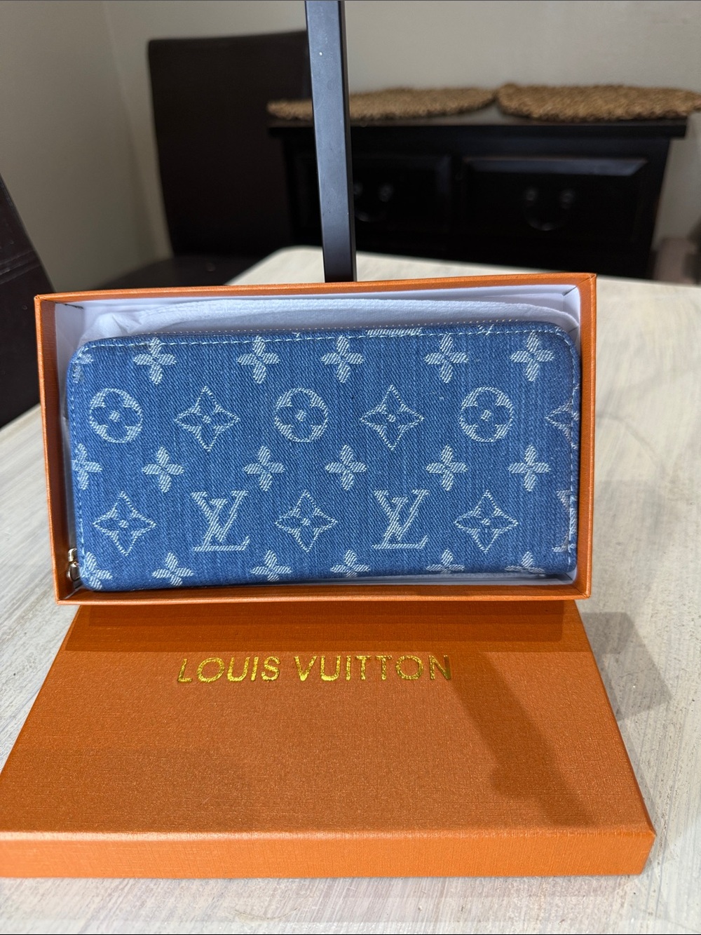 Source Unknown LV Blue Denim Monogram Zip Wallet With Box
